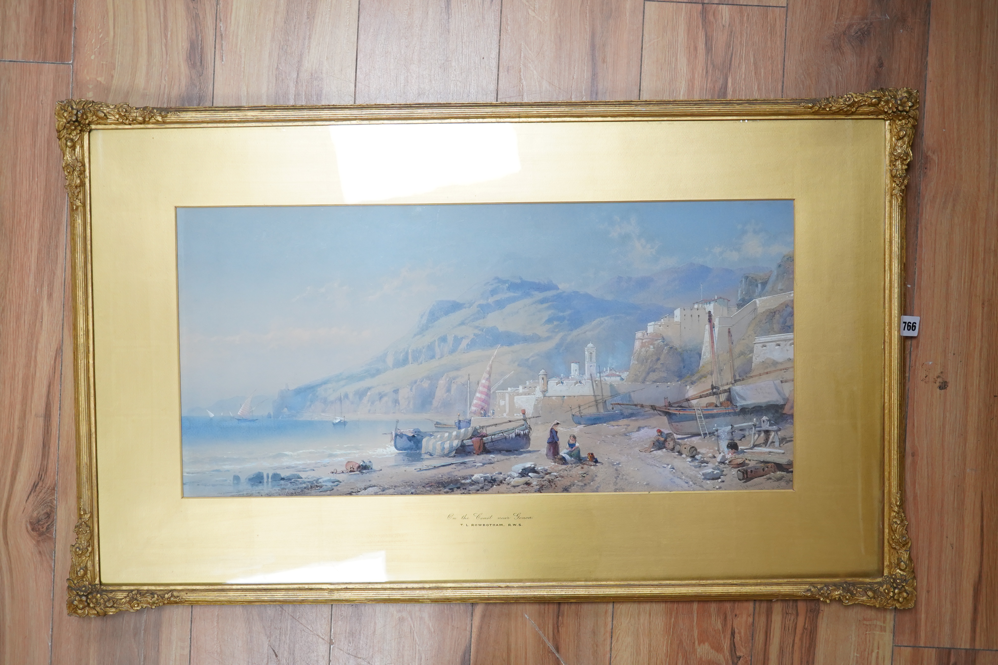 Thomas Charles Leeson Rowbotham Jnr (1823-1875), heightened watercolour, 'On the Coast, near Genoa', signed and numbered 259, 31 x 68cm, gilt framed. Condition - fair to good, very minor discolouration